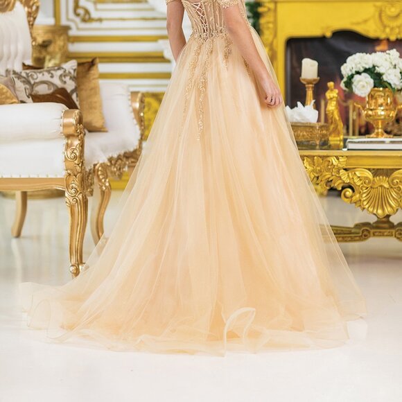 New Off Shoulder Long Semi-Ball Gown w/ Sheer Beads Embellished Bodice DQ 4490 - Picture 8 of 8